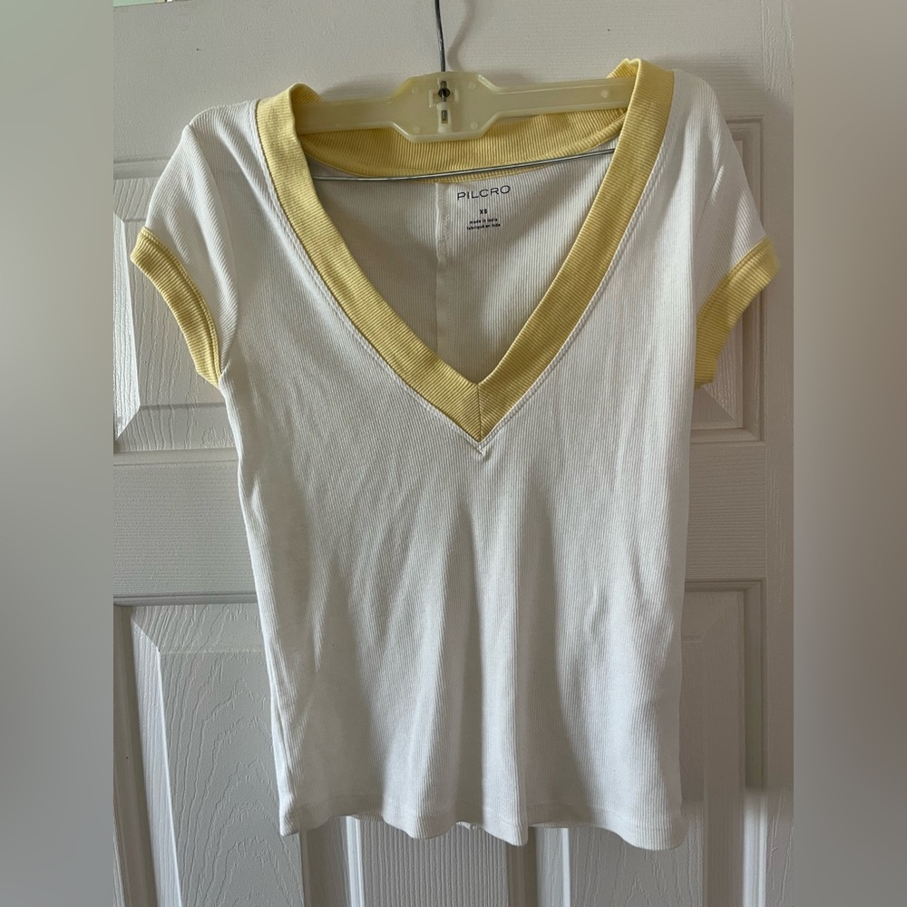Pilcro White V-Neck Tee with Pale Yellow Trim